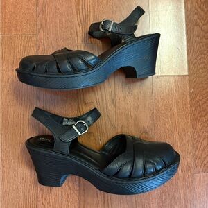 Born Black Leather Platform Sandals with Ankle Buckle. Size 9
